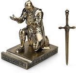 HDMbigmi King's Guard Leader Cloak Warrior Knight Pen Holder Mobile Phone Stand, Ornament Knight Statue, Pen Stand Paperweight with a Metal Sword Letter Opener for Office and Home (Bronze)