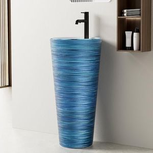 Simple Project One Piece Pedestal Sink 16" L X 16" W Round Pedestal Sinks For Bathrooms, Modern Single Faucet Hole Bathroom Pedestal Sinks With Overflow, Blue