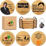 The Office Bamboo Wood Coasters Set of 6, The Office Merchandise, The Office Gifts for Fans, Office Dunder Mifflin Kitchen Decor, The Office TV Show Engraved Drinking Coaster with Holder