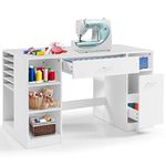 CASART Sewing Table with Storage, 135cm Craft Workstation with Enclosed Cabinet, Multiple Partitions, Sewing Machine Desk Drafting Writing Workstation for Home Office