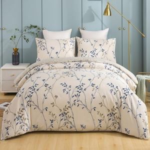 Tache Elegant Leaf Vine Nature Earthy Floral Neutral Cream Beige Tan Blue Breathable Poplin Cotton Zipper Duvet Cover, California King