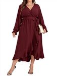 SCOMCHIC Women's Plus Size Long Burgundy Dress Wrap V Neck Long Sleeve Belted Ruffle High Low Cocktail Formal Maxi Dress XL