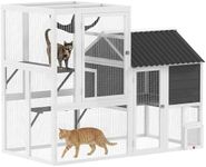 PawHut Catio Outdoor Cat Enclosure, 63" L Large Cat House with 4-Way Adjustable Door, Private House, Hammock, 2 Platforms, Weatherproof Asphalt Roof for 1-3 Kittens, Grey