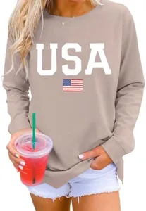 Dressmine 4th Of July Shirts for Women USA Letter Print Long Sleeve Pullover American Patriotic Sweatshirt Coffee Grey Medium