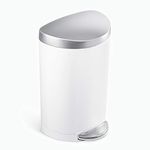 simplehuman 6 Liter / 1.6 Gallon Stainless Steel Compact Semi-Round Bathroom Step Trash Can, White Steel with Stainless Steel Lid