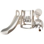 5-in-1 Kids Slide and Swing Set with Adjustable Hoop, Soccer Goal, Golf Hole for Indoor, Outdoor (White) Intexca