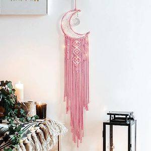 ANROYE Boho Macrame Woven Wall Hanging for Girl, Crochet Crescent Moon Star Dream Catcher with Light, Pink Cotton Handmade Bohemian Home Decor Decoration for Kids Nursery Bedroom Dorm Room