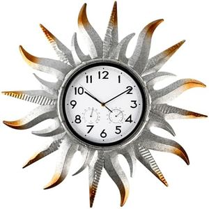 Jusimux 25-Inch Sun-Shaped Outdoor Clock and Thermometer Set, 10-Inch Dial, Battery Powered, Waterproof, Silent Quartz Movement (Silver)