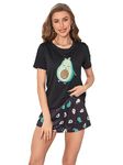 SOLY HUX Women's Letter Print Short Sleeve Sleepwear Tee & Shorts Cute Pajama Set, Black Avocado Print, Large