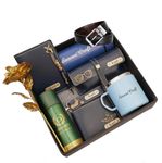 Dream Gift Glore Name Customized Mens Gift Hamper Set with Coffee Mug, Water Bottle, Passport Cover, Pen, Mens Wallet, Sunglasses Cover, Keychain, Deodorant, Golden Rose and Mens Belt