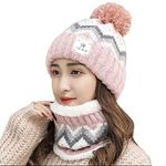 SYGA Women Hat & Scarf For Adult Winter Cap Wool Neck Scarf Beanie Hat for Winter Above 15 Year - Pink