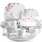 VEWEET, Series Annie, Porcelain Dinnerware Sets for 6, 30-Piece Dish Set with Pink Floral Pattern, White Plates and Bowls Sets Including Dinner Plates, Dessert Plates, Soup Plates Set, Cups & Saucers