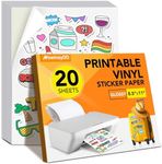 20 PCS Sticker Paper for Inkjet Printer，Printable Vinyl Sticker Paper Dries Quickly Vivid Colors，8.5"x11" Tear Resistant Printable Vinyl，Glossy White,Inkjet & Laser Printer