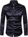 HENGAO Men's Shiny Satin Dance Prom Shirts, Black, Large