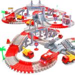 Fire Toys Race Track Set Over 230 PCS for Kids, Flexible Car Tracks with 1 Electric Fire Truck with Led Light,4 Fire Rescue Vehicles,Kids Fire Track Toys Gifts for 3 4 5 6 Year Old Boys Girls