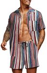 COOFANDY Mens Casual Floral Set Aloha Hawaiian Casual Holiday Beach Suit Print Shirt, 2-blue Red Stripe, Medium