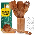 AIUHI 9pcs Wooden Spoons for Cooking, Finely Polished Wooden Kitchen Utensils, Non-Stick Teak Wood Spatulas Utensils Set-Durable, Sturdy & Comfortable Grip