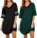 Ekouaer Nightgowns for Women 2 Pack Sleepshirts Short Sleeve Nightshirt V Neck Sleepwear Casual Pajama Dress,Black/Dark Green,XXXL