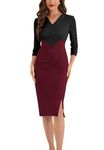 Belle Poque Women Vintage Bodycon Dress Lace 3/4 Sleeve Dress V Neck Midi Dress Party Cocktail Red 16