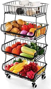 Fruit Vegetable Storage Basket, 4 Tier Stackable Metal Wire Storage Baskets with Wheels, Fruit Vegetable Produce Basket Organizer Bins for Kitchen, Pantry, Bathroom