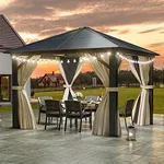 DWVO 10x10ft Gazebo Polycarbonate Hardtop Outdoor Canopy with Netting and Shaded Curtains, Single Roof Garden Tent for Patio, Backyard, Deck and Lawns, Brown