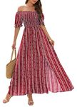 FEOYA Summer Maxi Dress for Women Elasticity Dresses Off Shoulder Print Short Sleeve Casual Holiday Dress Size M/UK Size 10-12-A-Red