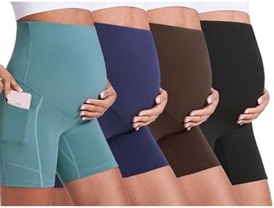 Enerful 4Pack Women's Maternity Yoga Shorts Over The Belly Comfy Workout Running Active Biker Pregnancy Pants with Pockets 5",Black Blue Brown Navy X-Large