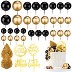 FRIUSATE 36 PCS Black and Gold Cake Decorations Black and Gold Foam Balls Palm Leaves Cake Toppers For Happy Birthday Wedding Anniversary Party Supplies