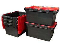 Plastor 5 x Large Plastic 80 Litre Heavy Duty Storage Boxes (71 x 46 x 36.8cm) Black and Red LC3 Crates with Attached Hinged Lids