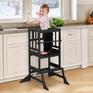 COSYLAND Toddler Standing Tower - Adjustable Height Toddler Kitchen Stool Helper - Kids Kitchen Step Stool for Learning with Removable Safety Railing Black
