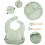 Nautilus Silicone Baby Feeding Set, 7Pcs Complete Weaning Set, BPA Free Baby Dining Set with Spoon and Fork, Adjustable Bid, Sippy Cup with Straw and 2 Lids, Microwave & Dishwasher Safe - Olive Green