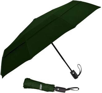 EEZ-Y Windproof Travel Umbrellas for Rain - Lightweight, Strong, Compact with & Easy Auto Open/Close Button for Single Hand Use - Double Vented Canopy for Men & Women - Dark Green