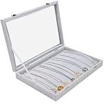 BELLE VOUS Grey Velvet Necklace Jewellery Organise Storage Display Case Box Tray with 20 Hooks and Lockable Glass Lid - Stackable Tray for Drawer - For Necklaces, Bracelets, Earrings and Anklets