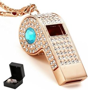 Little Syohe Gold Bling Rhinestone Whistle Necklace, Metal Loud Whistle with Chain, Decorative& Practical Accesory for Referees, Coaches, Teachers - Gift Box Included (Blue Crystal)