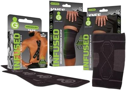Green Drop 2 Pack Knee Compression Sleeve S/M and Kinesiology Tape Precut Bundle, 20 Sweatproof Strips, Herb-Infused Support for Knee Pain, Arthritis, ACL & Sports Recovery, Black
