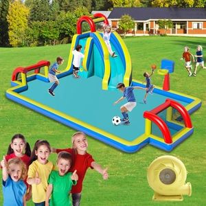 Inflatable Bounce House with Slide, Double Soccer Goal,Big Splash Pool,Basketball Hoop,Climb Wall,Outdoor Water Bouncer with Air Blower for Kids 2-12