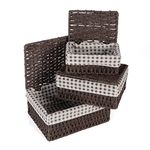 HOKIPO Environmental Friendly Paper Rope Wicker Storage Baskets with lid, Pack of 3, Brown (AR-3905-CBR)