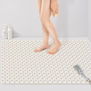 Yolife Extra Large Shower Mat 47x32 inch, Non Slip Shower Mat for Inside Shower with Drain Holes and Suction Cups for Bathroom, No Odor TPE Shower Floor Mat,White