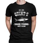 Mens Quints Fishing Shark Jaws Inspired Amity Cult Movie T-Shirt Black (L)