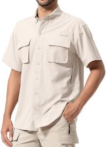 mosingle Men's Fishing Shirts with Zipper Pockets UPF50 Sun Protection Safari Lightweight Cool Short Sleeve Button Down Shirts Hiking(5018,Light Khaki-3XL)