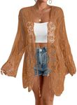 Bsubseach Womens 2025 Lace Kimono Lightweight Long Sleeve Open Front Back Cut Out Cardigan Tops Sheer See Through Beachwear Orange Brown