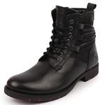 FAUSTO FST FOLMCB-3003 BLACK-42 Men's Black High Ankle Genuine Leather Side Zipper 7-Eye Lace Up Classic Hiking Flat Boots (8 UK)