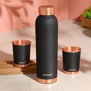 Borosil Eco Copper Bottle with Glass Set | 1L Bottle with 2 Tumbler (250 ml Each) | 100% Pure Copper with Anti-Oxidant Properties of Copper for Daily Use (Black)