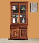 GR FURNITURE Wooden Book Shelves for Living Room | Glass Door Crockery Cabinet | Glass Door Book Case Shelf with Shelf, Drawer & Door Cabinet Storage| Sheesham Wood, Honey Oak