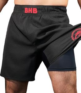 Boxing Honey Badger 2-in-1 BJJ MMA Fight Shorts Built-in Compression Lining: Grappling, Brazilian Jiu Jitsu, No-Gi Shorts Red