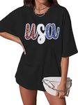 BANGELY Oversized USA Shirt Women American Flag T-Shirt 4th of July Memorial Gift Tee USA Sequin Patriotic American Proud Tops, A-black, X-Large