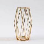 Glass Vase with Geometric Metal Stand - Stylish Modern Flower Vase for Pampas Grass & Flowers, Ideal for Living Room, Dining Table, Wedding Centerpieces, and Home Decorations - Gold, 22 cm