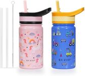 2 Pack Kids Water Bottle Insulated, BUZIO 14oz Stainless Steel Water Bottles with Straw Lid for toddler, Vacuum Double Wall Leak Proof Lead-Free Drink Flask for School Boy Girl (Pink Unicorn+Blue Car)