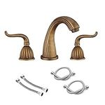 Bathroom Sink Faucet 3 Hole Antique 2-Handle Bathroom Faucet Widespread Brass Lavatory Faucet Vintage with Aerator, Touch on Bathroom Sink Faucets with Supply Hose (Color : Bronze)