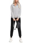 REORIA Women Cotton Fleece Tracksuits Warm Loungewear Sets Co Ord Sets with Zipper Stand Collar Two Piece Outfit Joggers with Pockets Light Grey M